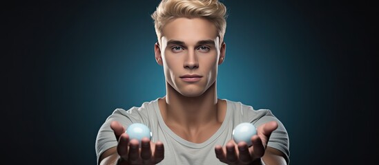 Poster - Young adult man with blond hair holding an object and presenting it on a blank background