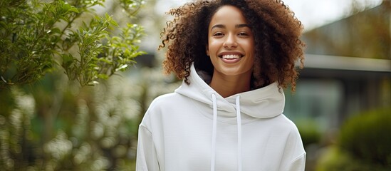 Wall Mural - African American woman in white hooded sweatshirt standing in garden casual clothing and leisurewear unaltered