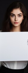 Aufkleber - Beautiful young girl displaying empty signboard on gray background