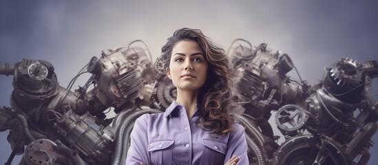 Wall Mural - Young Caucasian female engineer representing International Women in Engineering Day with lavender background focusing on the concept of career support and