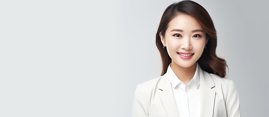 Wall Mural - Successful Asian businesswoman with tablet on white background