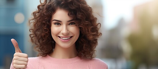 Poster - Smiling young woman happily pointing to object in space