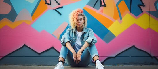 Female hipster leaning on colorful graffiti wall in denim clothes on city street