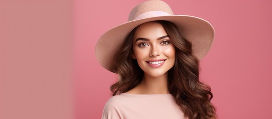 Sticker - Smiling girl in summer clothes stands on pink wall background looking at copy space Vacation concept