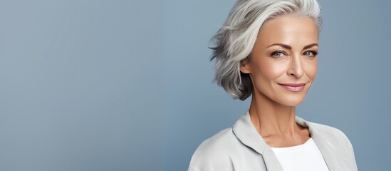 Wall Mural - Smart stylish older woman with gray hair in a bright studio setting with room for text