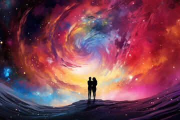 Wall Mural - Couple in love standing on the edge of the ocean. Space background.