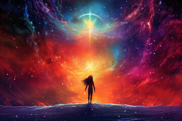 Wall Mural - Surrealism. Young woman standing on the edge of a mountain and looking at the universe.