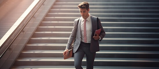 Successful young businessman ascending stairs with laptop space for copy full color