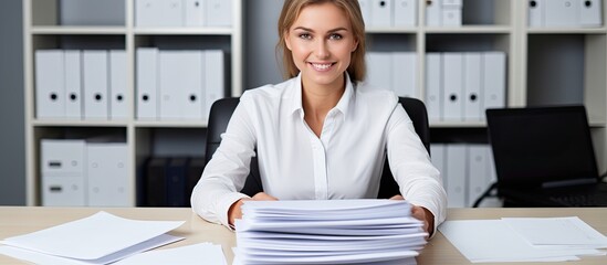 Canvas Print - Caucasian woman at desk happy smile white shirt paper documents looking at camera