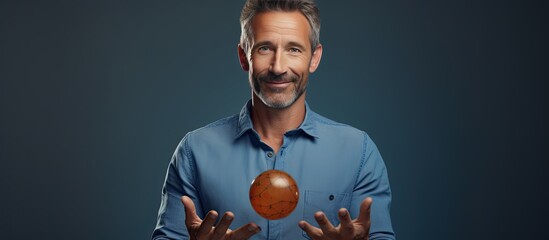 Poster - Middle aged man holding an object presenting it for showing or advertising