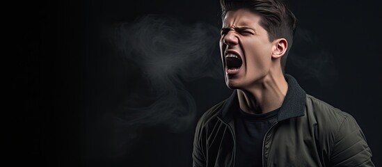 Poster - A furious young man gesturing and yelling loudly in a blank area