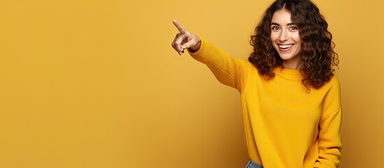Poster - Confident young woman points in various directions smiling over isolated background ideal for ads
