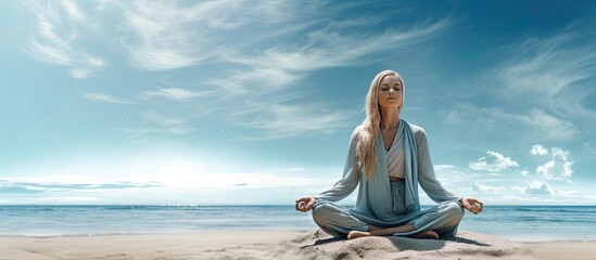 Poster - Caucasian woman meditating at beach clear sky relax text copy space nature yoga lifestyle summer and holiday concept