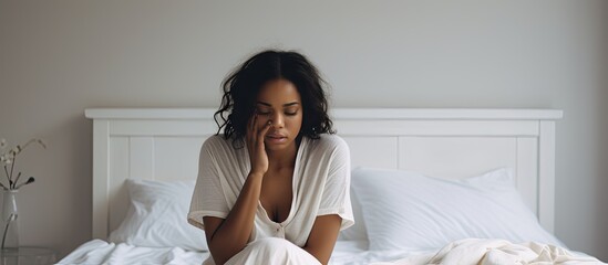 Emotional pregnant woman facing depression experiencing hormonal changes distressed and covering face in white bedroom