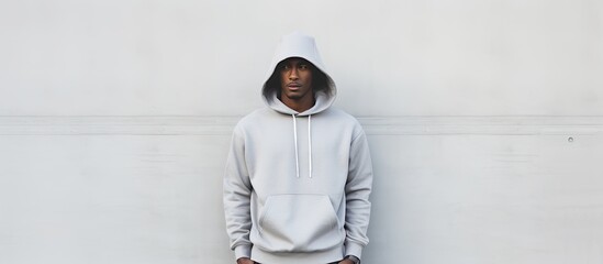 Midsection of african american man wearing grey hooded sweatshirt against white fence copy space Fashion casual clothing and leisurewear unaltered