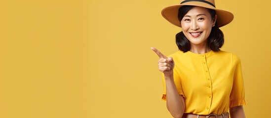 Poster - Confident middle aged Chinese woman in a summer hat smiling and pointing in various directions against a yellow background with space for advertising