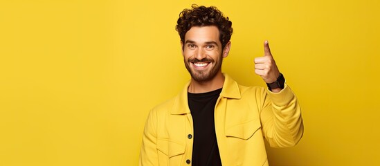 Poster - Young man with joyful expression pointing fingers away from his palm on yellow background