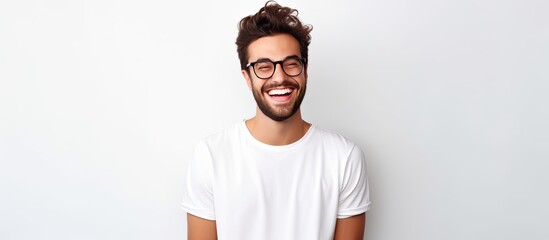 Sticker - Happy man in stylish glasses smiling on white background trendy outfit room for text