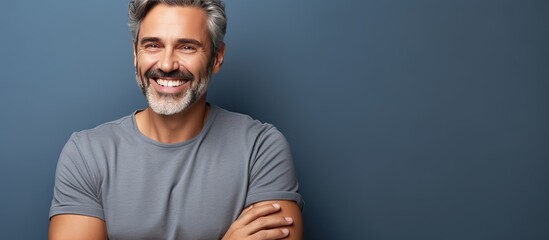Poster - Confident middle aged man proudly smiling displaying contentment on blank area