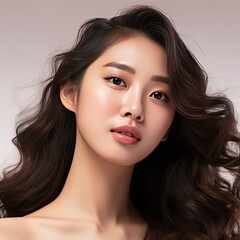 Sticker - Asian woman with long curly hair and flawless skin showcases Korean inspired makeup and reveals an open hand with available space on a neutral background