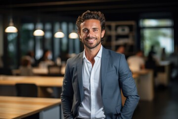 Wall Mural - Happy young Latin businessman looking at a camera in the office, headshot portrait.