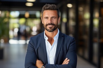 Happy young Latin businessman looking at a camera in the office, headshot portrait.