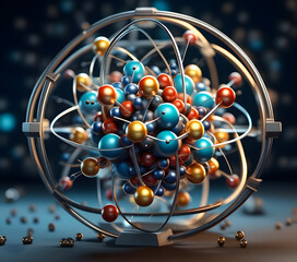 3d Design images that depict the fundamental components of an atom, including protons, neutrons, and electrons, with their respective charges and positions within the atom. Generative AI, illustration