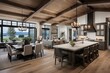 © The 2R Artificiality - New farmhouse style luxury home with elegant pendant light fixtures and open concept floor plan design showcases a dining room and kitchen featuring a stunning cross hatch wooden beam ceiling.