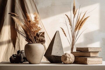 Poster - Modern sculptures in geometric shapes, dry flowers, grass, and old books arranged on a wooden table in an artistic interior. Home staging with minimal decor and an empty beige wall as the background.