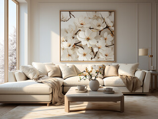 Wall Mural - A living room with white and beige sofas and vases on top of a table, in the style of minimalist abstracts, light beige