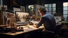 Caucasian Architect Interior Designer Male Working Late Night Working Hard Deadline In Office Workspace Busines Ideas Concept,ai Generate