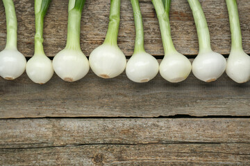 Whole green spring onions on wooden table, flat lay. Space for text