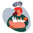 A woman holds a crying child in his arms she turned away from the child, she is sad, tired. Vector illustration. Concept of postpartum depression, fatigue and exhaustion, solo parenthood