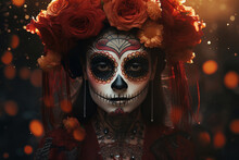 Vivid Catrina Portrait Celebrating Day Of The Dead In Mexico. Traditional Holiday Concept