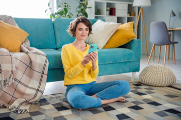 Poster - Photo of lovely pretty peaceful positive gorl use phone communicate friend sitting carpet loft interior flat indoor