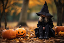 Child Wearing Black Witchs Hat Sits In The Fall Woods Next To Halloween Pumpkin. Halloween, Children, Witches, Black Costumes, Pumpkins, Fall, Woods, Magic