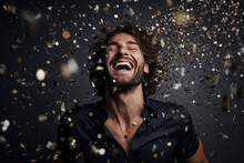 Beautiful Happy Man Tosses Up Sequins On Grey Background. Sequin Tossing, Beautiful Man, Happy Mood, Grey Background, Photography Techniques, Creative Portraits, Makeup Artistry, Lighting Techniques