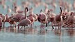 Lesser flamingos feeding preening at lake Bogoria