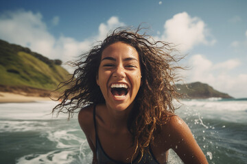 Poster - Generative AI picture young woman wanderer standing near oceania bay enjoying breathtaking view point making selfies swimming