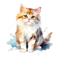 Wall Mural - Watercolor cute cat isolated on white background...