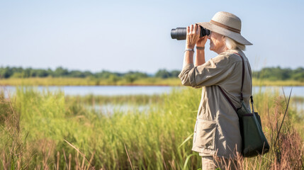 Elderly Woman with grey hair, hiking outdoor portrait of caucasian female pensioner with backpack, enjoying nature. Aging, retirement, people, active lifestyle, health care concept. AI photography.