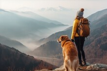 Woman And Dog As They Stand On The Peak Of A Mountain. Generative AI