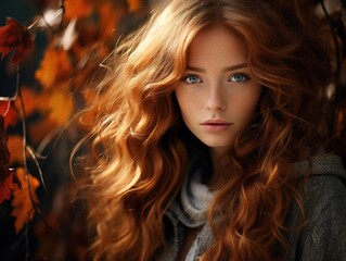 Beautiful autumn redhead model with flowing wavy hair. Young woman. Sunlight at sunset