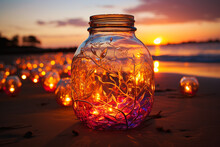 Magical Jar Or Glass With Sparkling Fairy Light Standing On A Beach At Sunset, Romatic Peaceful Evening, Glowing Fireflies, Lifestyle