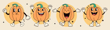 Groovy Halloween Cartoon Pumpkins Set. Tis The Season. Vector Illustration.