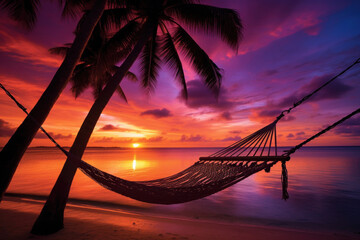 Wall Mural - Tropical Sunset Bliss: Hammock, Palm Trees, and Ocean View
