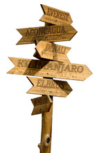 Wooden Pointer With Directions To Mountain Peaks With Indications Of The Height Of The Mountains And The Distances To Them