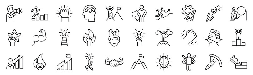 Set of 30 outline icons related to motivation. Linear icon collection. Editable stroke. Vector illustration