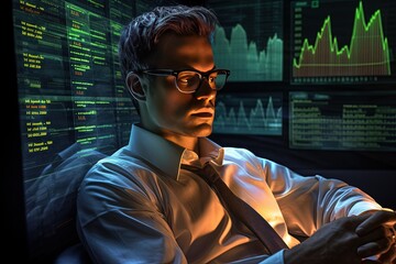 Wall Mural - Overworking in the old stock market. A young specialist sits in the office at night and monitors fluctuations in the indices and cryptocurrency quotes.