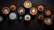 © MP Studio - Set of cups of different coffee isolated on white background, top view. Created with Generative AI technology.